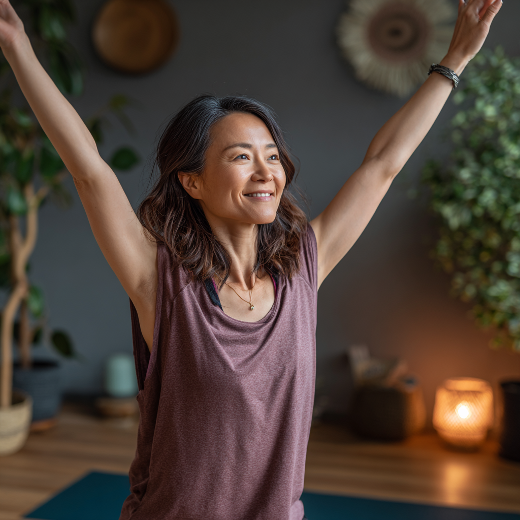 Happy Kazakh woman in her 40s practicing yoga in a peaceful studio setting, smiling with arms raised in a warrior pose