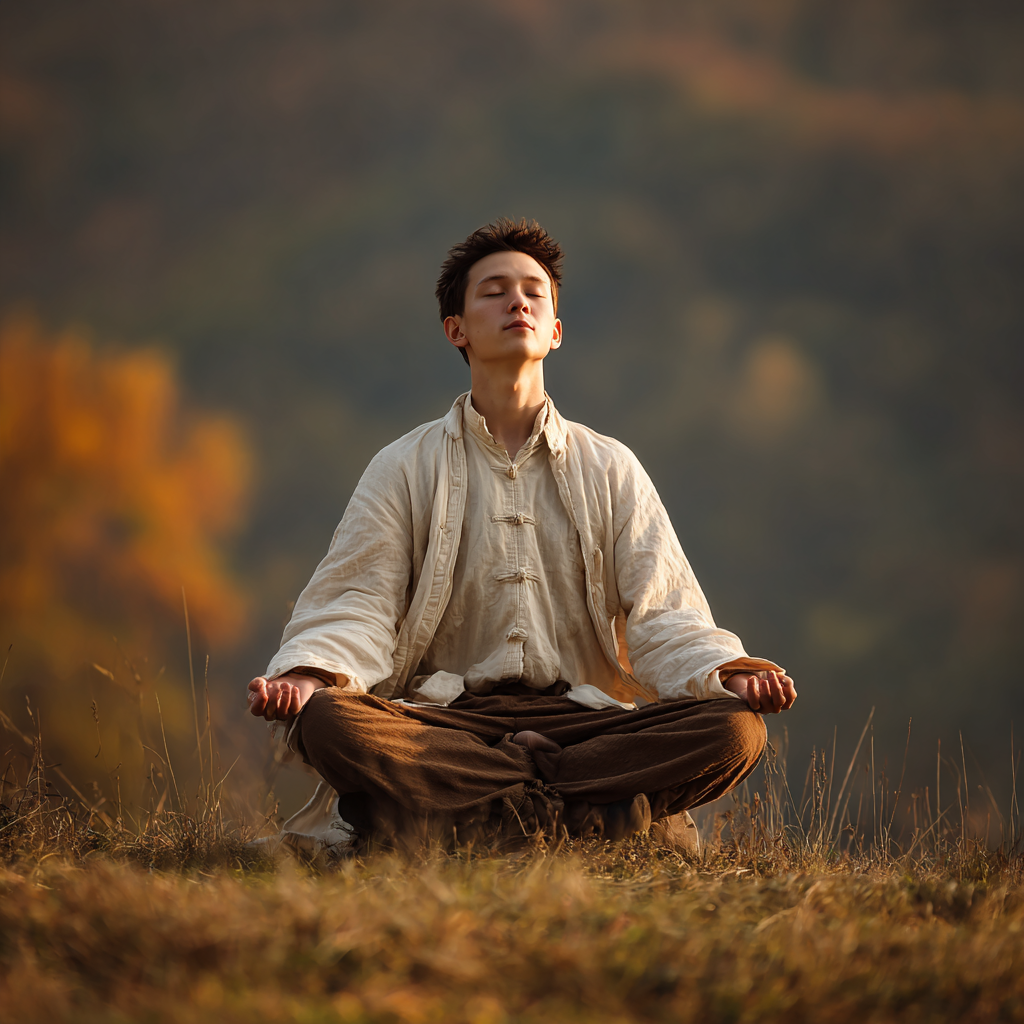 Smiling Kazakh man in his 30s in meditation pose on a yoga mat in a serene studio environment