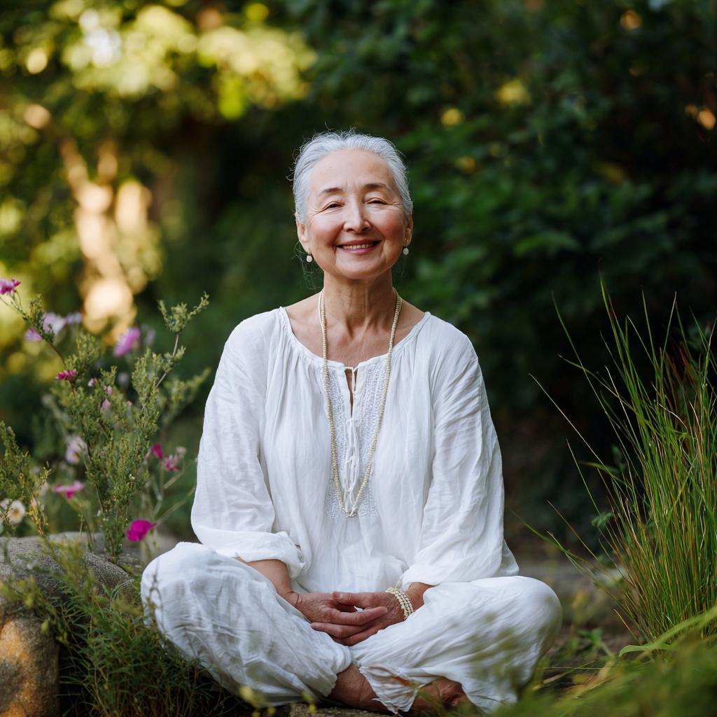 Young Kazakh woman in her 20s demonstrating a gentle stretching pose with a bright smile in a modern yoga studio